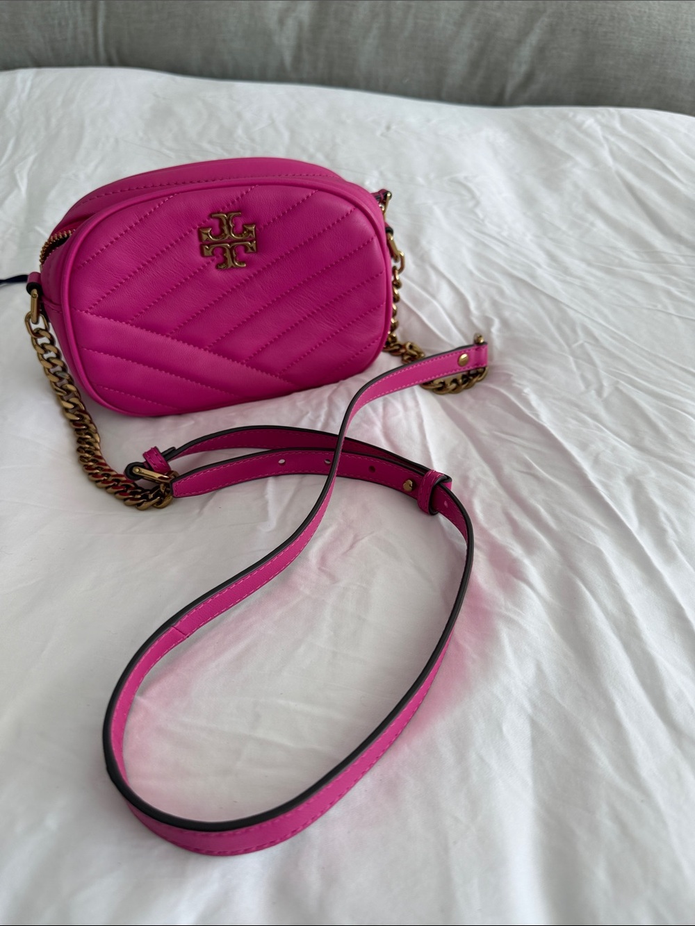 Tory Burch Hot Pink Quilted Leather Crossbody with Gold Tone Chain